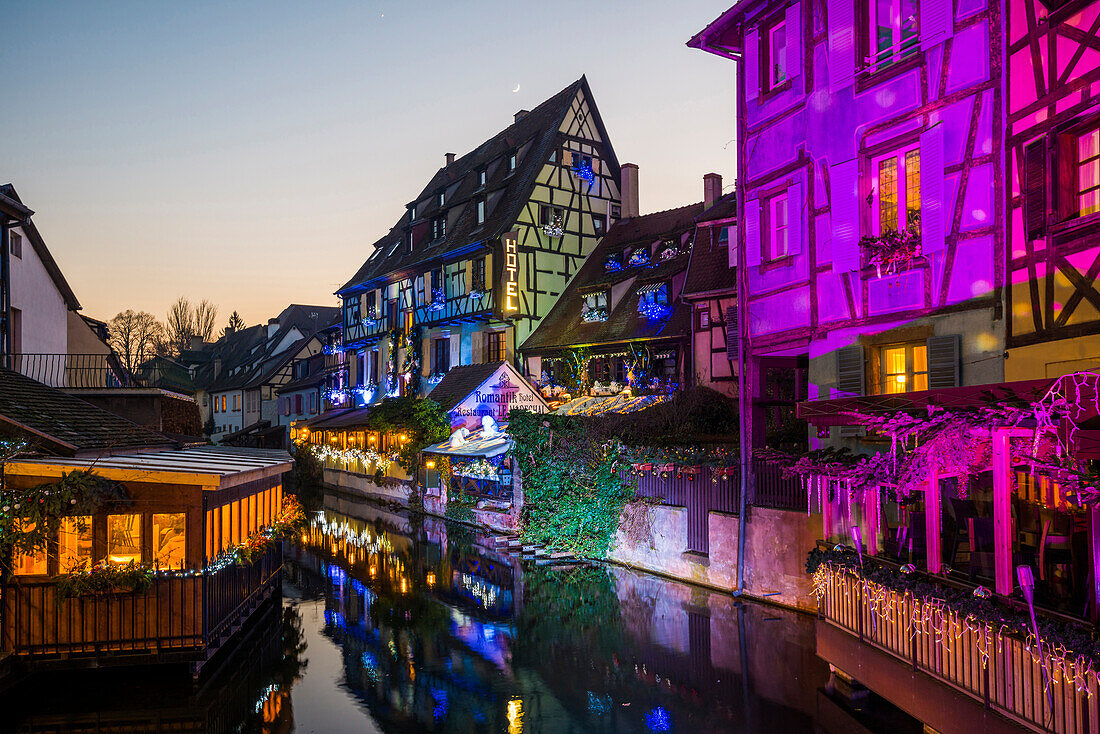Half-timbered houses with Christmas decorations, historic district of Colmar, Alsace, France