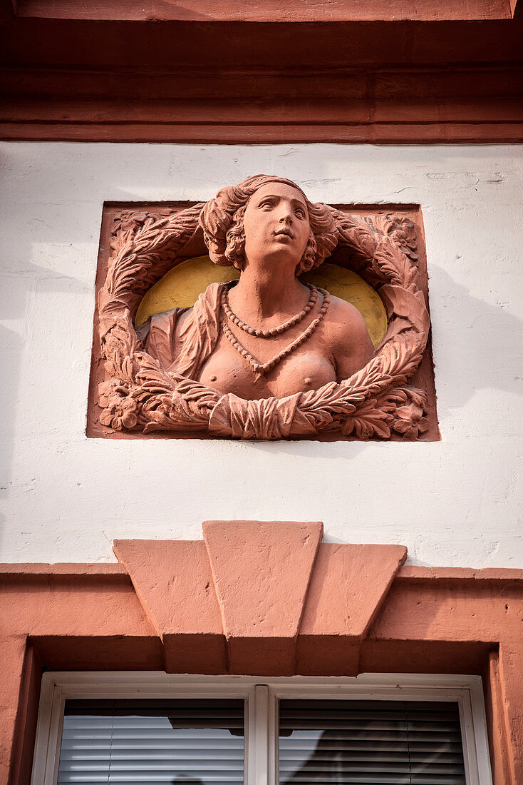 topless sand stone sculpture of woman at facade of Old Castle, Bayreuth, Frankonia, Bavaria, Germany