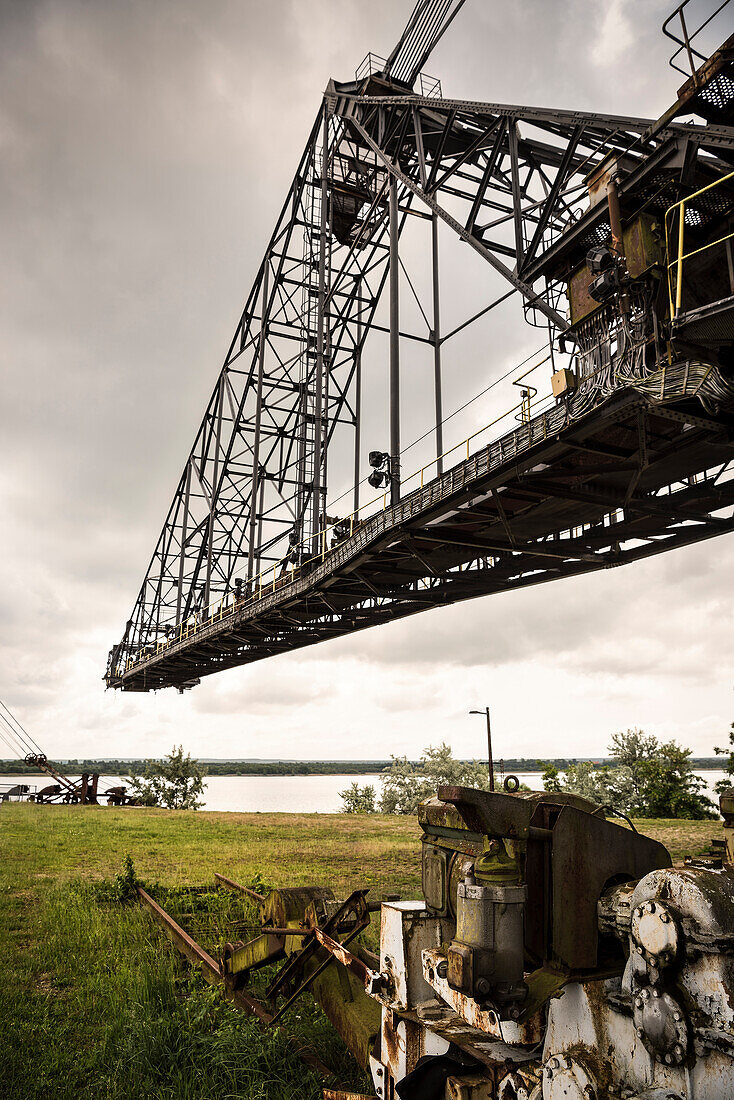 Detail of stacker ''Medusa'' with view at Gremming Lake, Ferropolis - City of Iron, Dessau, Saxony-Anhalt, European Route of Industrial Culture