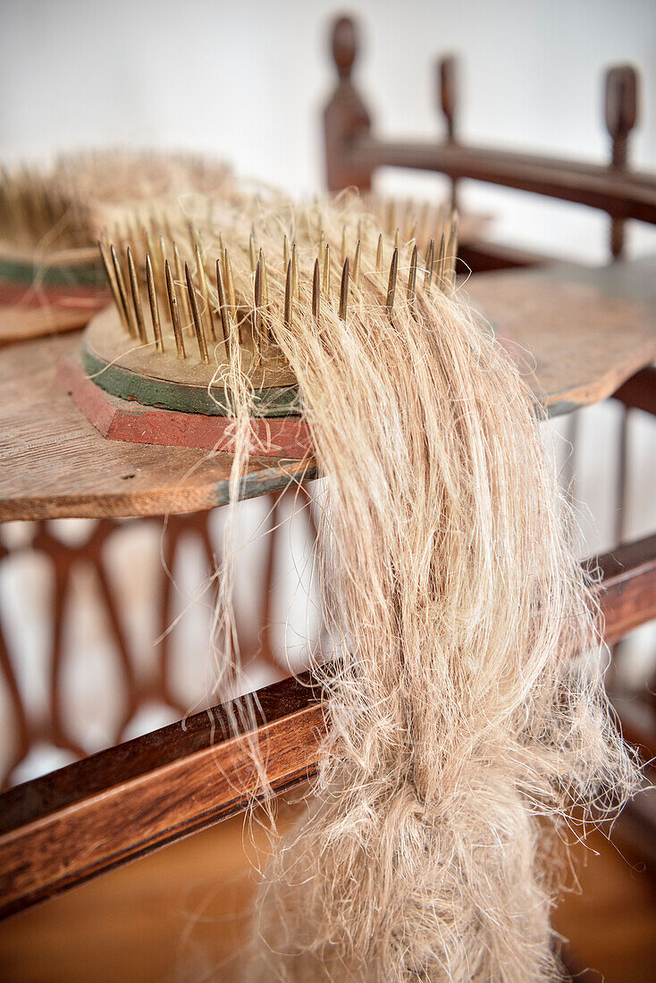 flax fibres, textile museum at Laichingen, Swabian Alb, Baden-Wuerttemberg, Germany