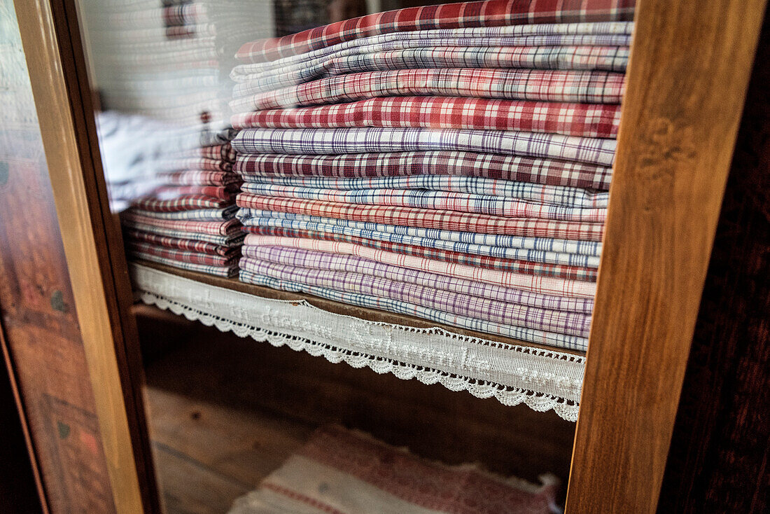 Bedding in textile museum at Laichingen, Swabian Alb, Baden-Wuerttemberg, Germany