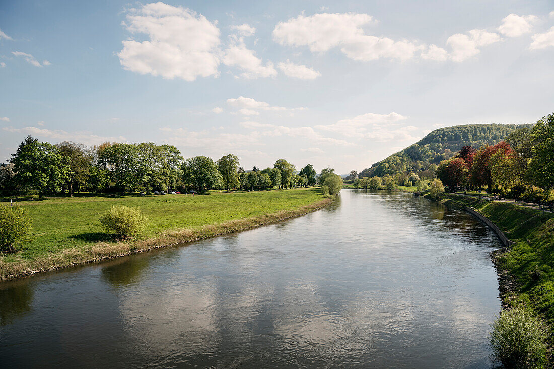 view over the Weser River to the surrounding of Hoexter, North Rhine-Westphalia, Germany
