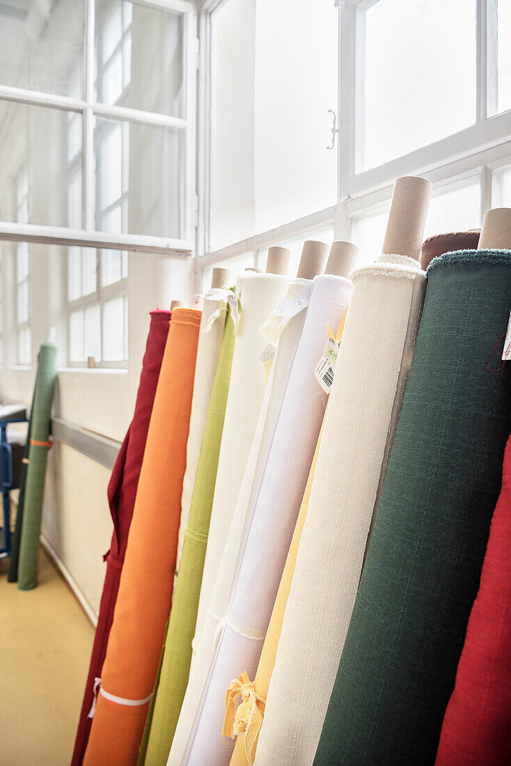 colourful cloth material ready for production, Laichingen, Swabian Alb, Baden-Wuerttemberg, Germany