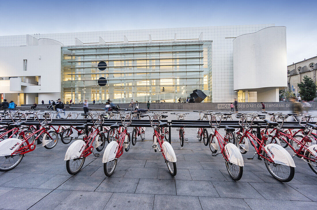 Rental bikes, MACBA, Museum of Modern Art by Richard Maier, Barcelona, Catalunia, Spain