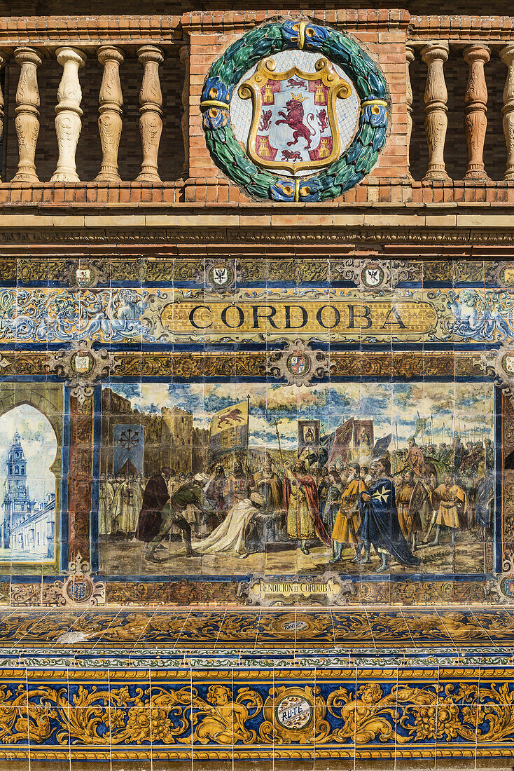 Antique ceramic, wall tiles representing provinces and cities of Spain , CordobaPlaca de Espana, spanish square, Seville, Andalusia, Spain