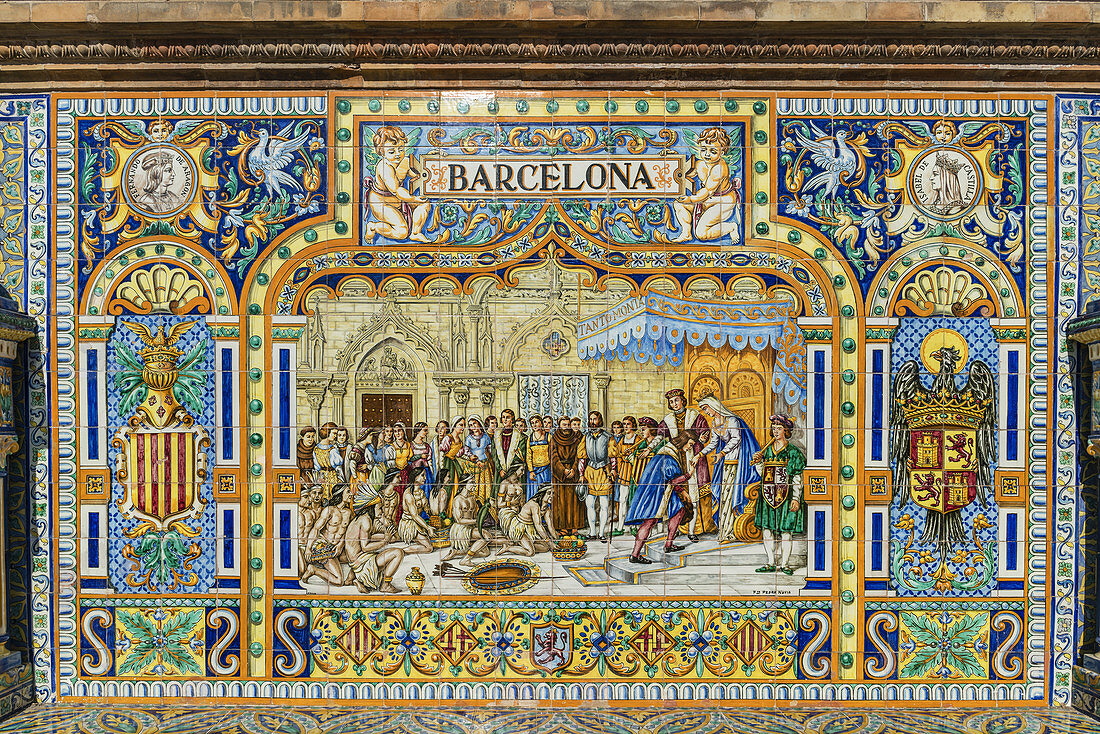 Antique ceramic, wall tiles representing provinces and cities of Spain , Barcelona Placa de Espana, spanish square, Seville, Andalusia, Spain