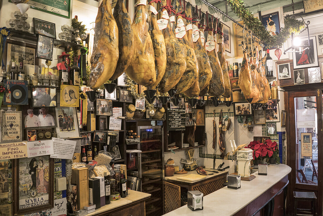 Las Teresas, Tapas Bar, Iberico Schinken hängen von der Decke, Jamon de Bellota, Altstadtbarrio Santa Cruz, Sevilla, Andalusien Spanien