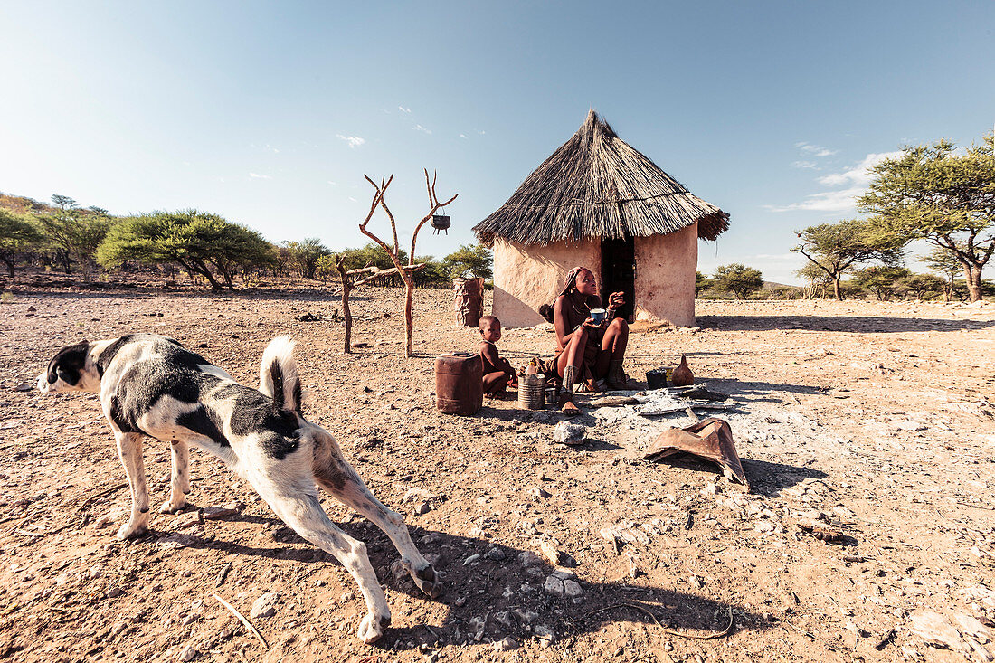 Eine Himbafrau kocht vor ihrer Hütte Maisbrei für sich und ihr Kind, Kunene, Namibia