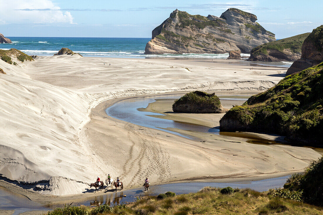 guided horse tour, Wharariki Beach, sand, dunes, coast, wild, South Island, New Zealand