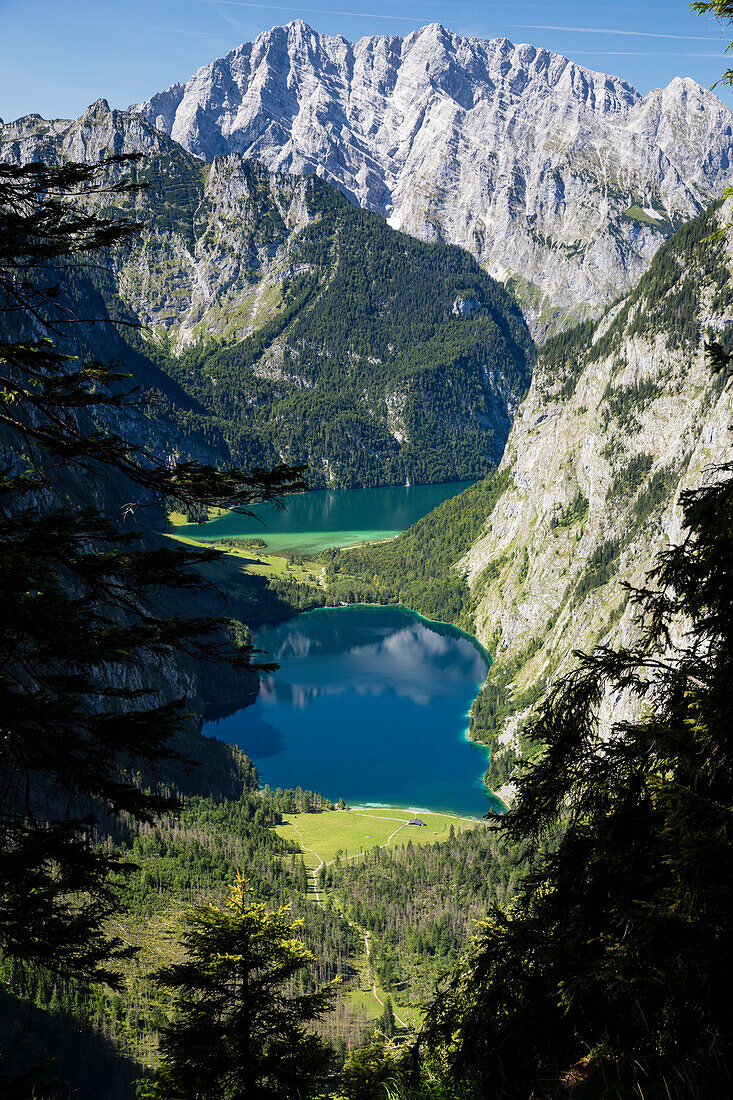 Watzmann, Obersee, Königssee, seen from the Alpine trail to Wasseralm, Berchtesgaden National Park, Berchtesgadener Land, Bavaria, Germany, Europe