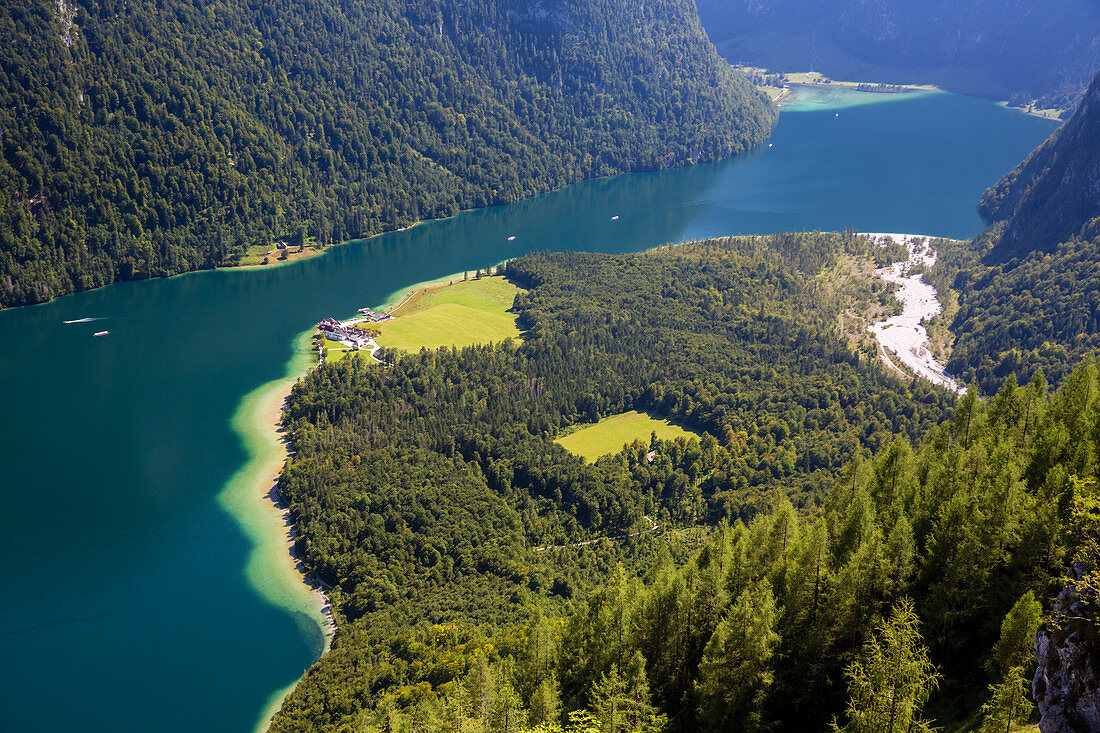 Königssee and St. Bartholomä, Berchtesgaden National Park, Berchtesgadener Land, Bavaria, Germany, Europe