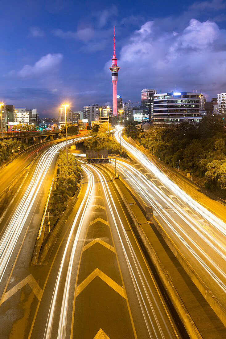 Skytower at night, Auckland, North Island, New Zealand, Oceania