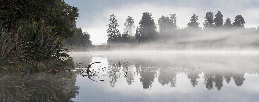 Lake Matheson mit Spiegelung von Bäumen im Wasser, Westland Tai Poutini National Park, Westküste, Südinsel, Neuseeland, Ozeanien