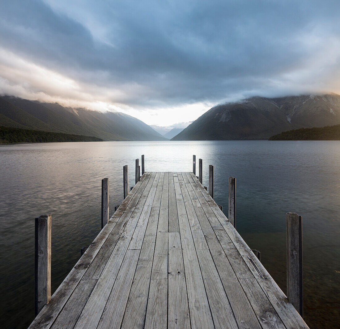 Kerr Bay and wooden jetty at dusk, Lake Rotoiti, Nelson Lakes National Park, South Island, New Zealand, Oceania