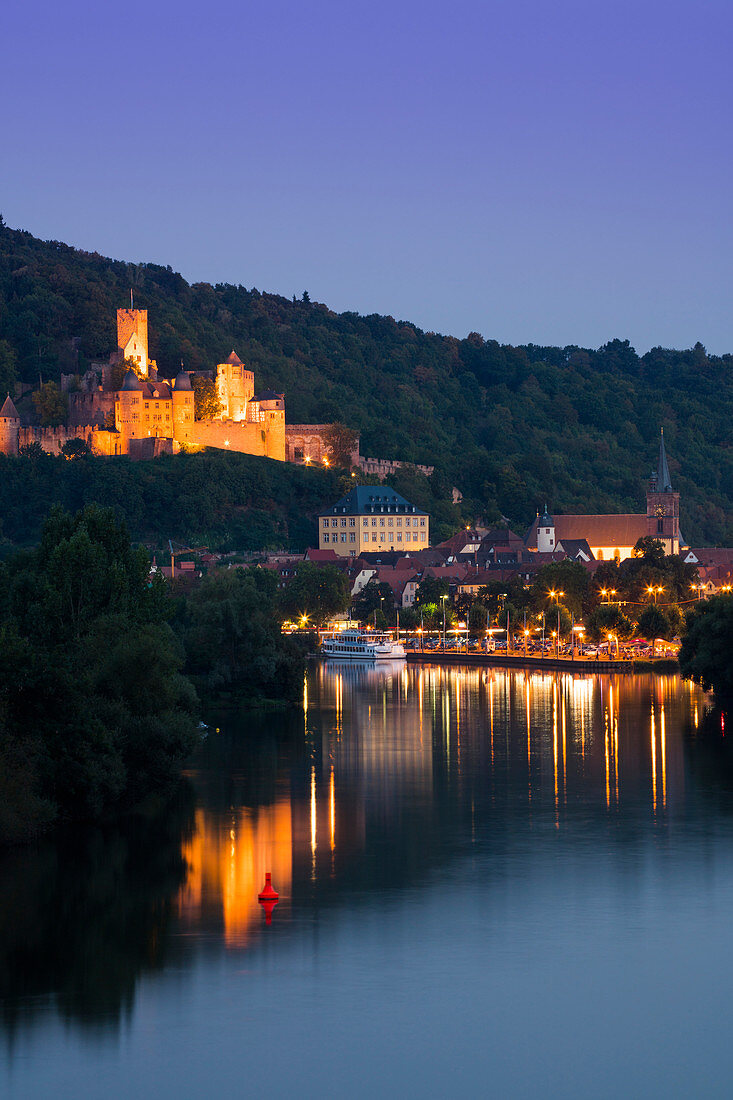 Main river and illuminated Burg Wertheim castle at night, Wertheim, Spessart-Mainland, Franconia, Baden-Wuerttemberg, Germany