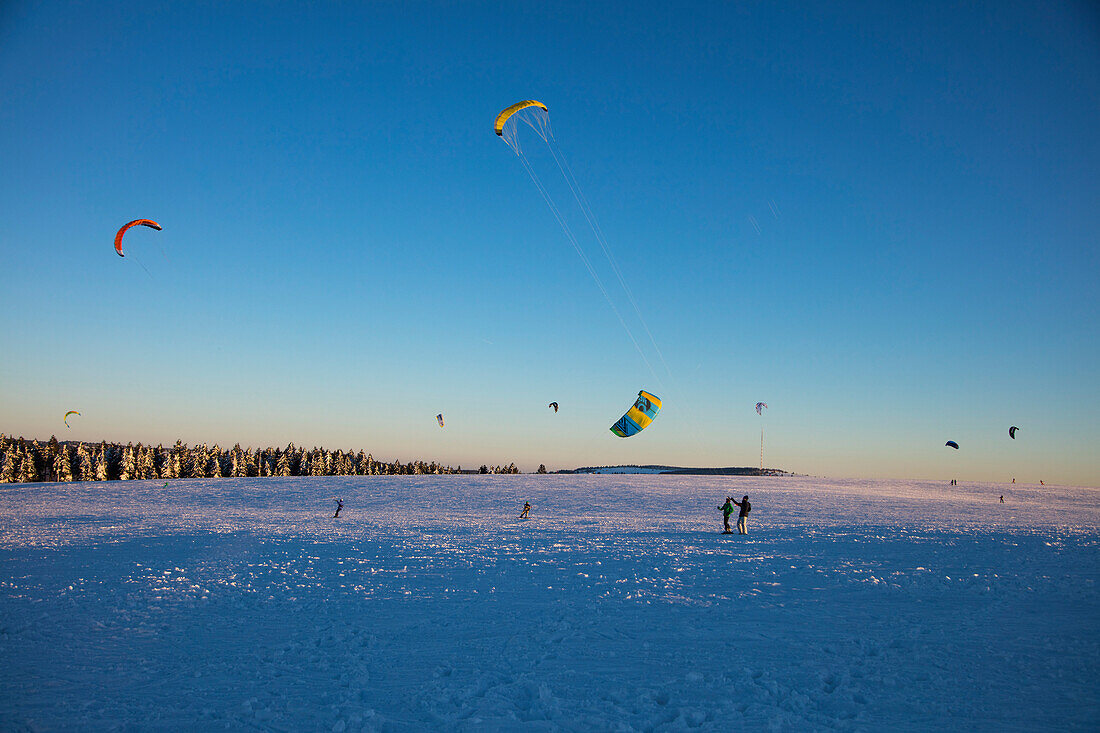 Snowkiting auf der Wasserkuppe im Winter bei Sonnenuntergang, nahe Poppenhausen Abtsroda, Rhön, Hessen, Deutschland