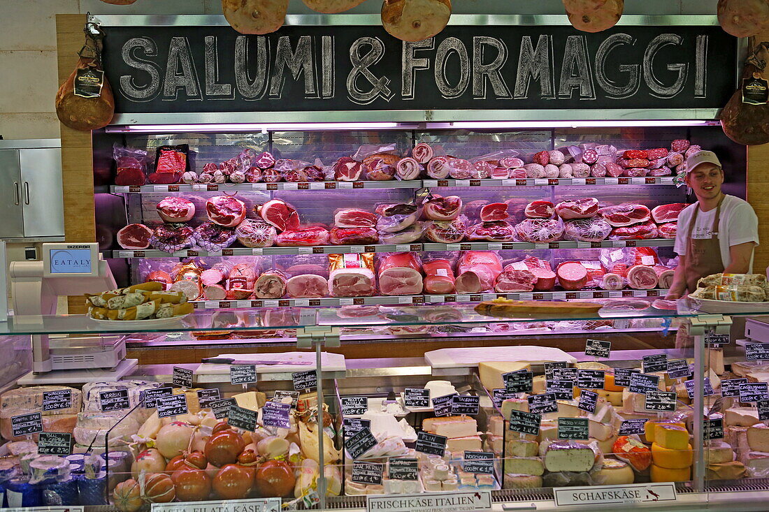 Salami and cheese counter at Eataly italian deli shopping mall, Schrannenhalle, Viktualienmarkt, Munich, Upper Bavaria, Bavaria, Germany