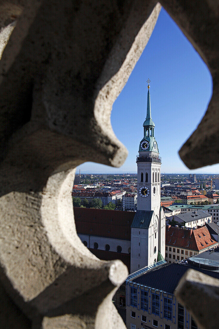 View from the terrace of the new city hall to the church of St Peter, Marienplatz, Munich, Upper Bavaria, Bavaria, Germany
