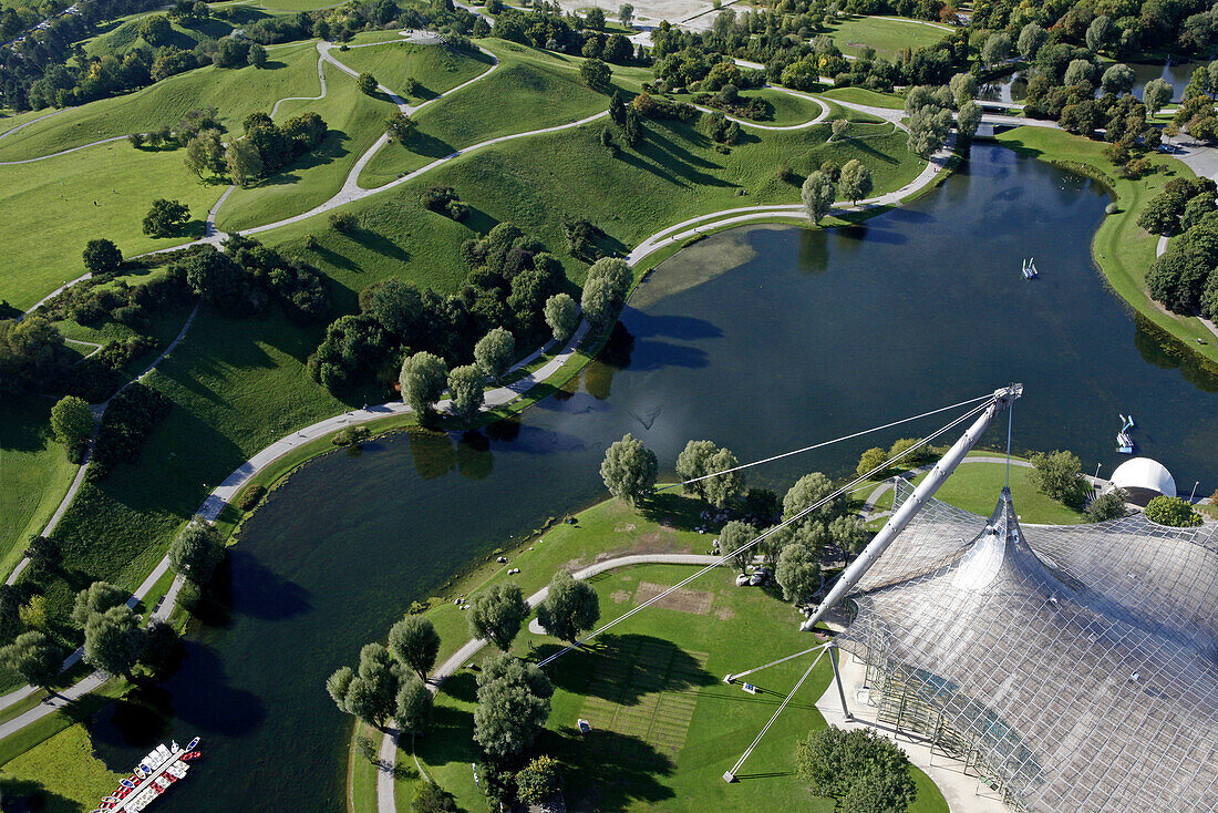 Roof of the olympic hall, olympic lake and park, Munich, Upper Bavaria, Bavaria, Germany