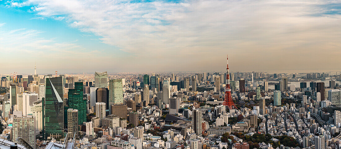 Skyline von Tokio mit Skytree, Tokyo Tower und Bucht vom Skydeck Roppongi Hills gesehen, Minato-ku, Tokio, Japan
