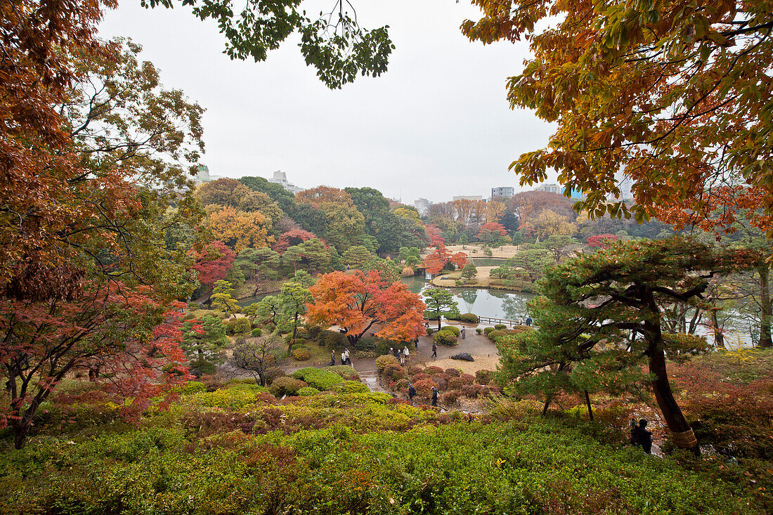 Ausblick vom Aussichtspunkt im Rikugien Garten im Herbst, Taito-ku, Tokio, Japan