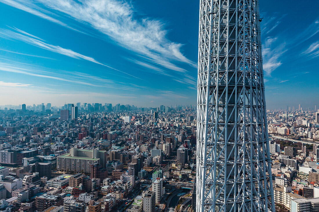 Tokio Skyline mit Berg Fuji und Tokyo Skytree mit Wolken, Sumida-ku, Tokio, Japan
