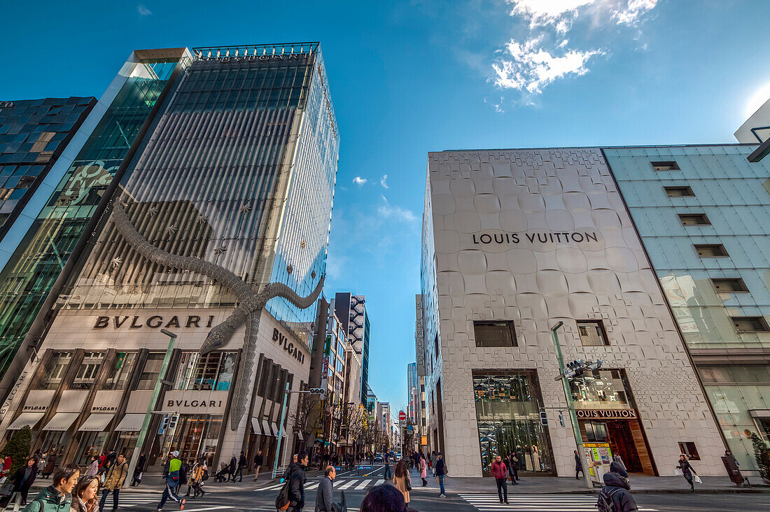 Luxury shops on a weekend at Ginza, Chuo-ku, Tokyo, Japan
