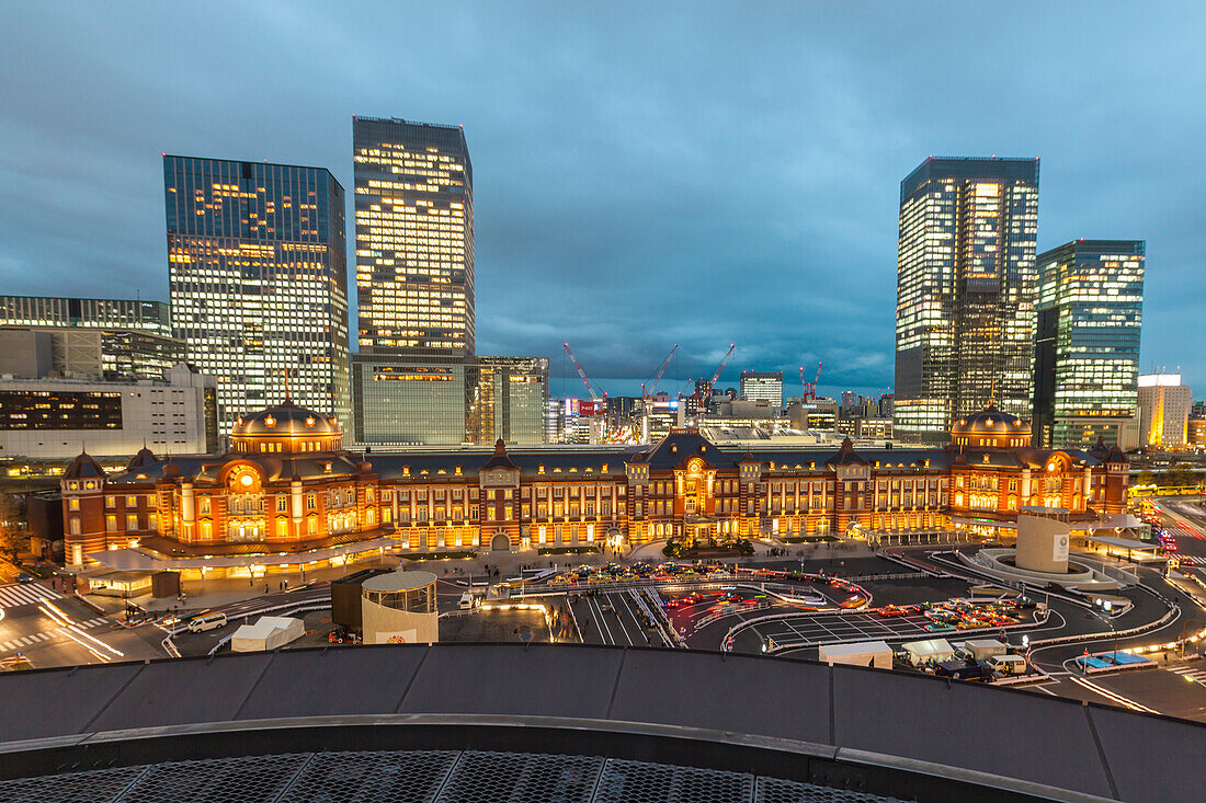Tokyo Station at blue hour seen from above, Chuo-ku, Tokyo, Japan