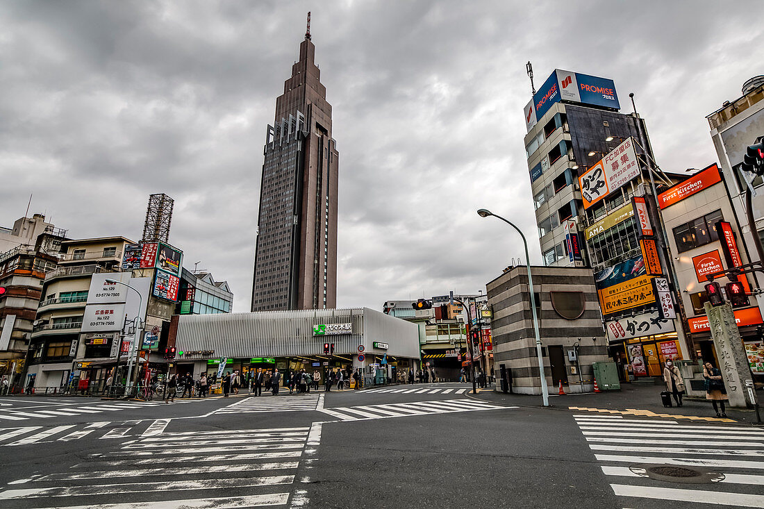 Zebra Crossing in front of Yoyogi Station with NTT Docomo Yoyogi Building, Shinjuku, Tokyo, Japan