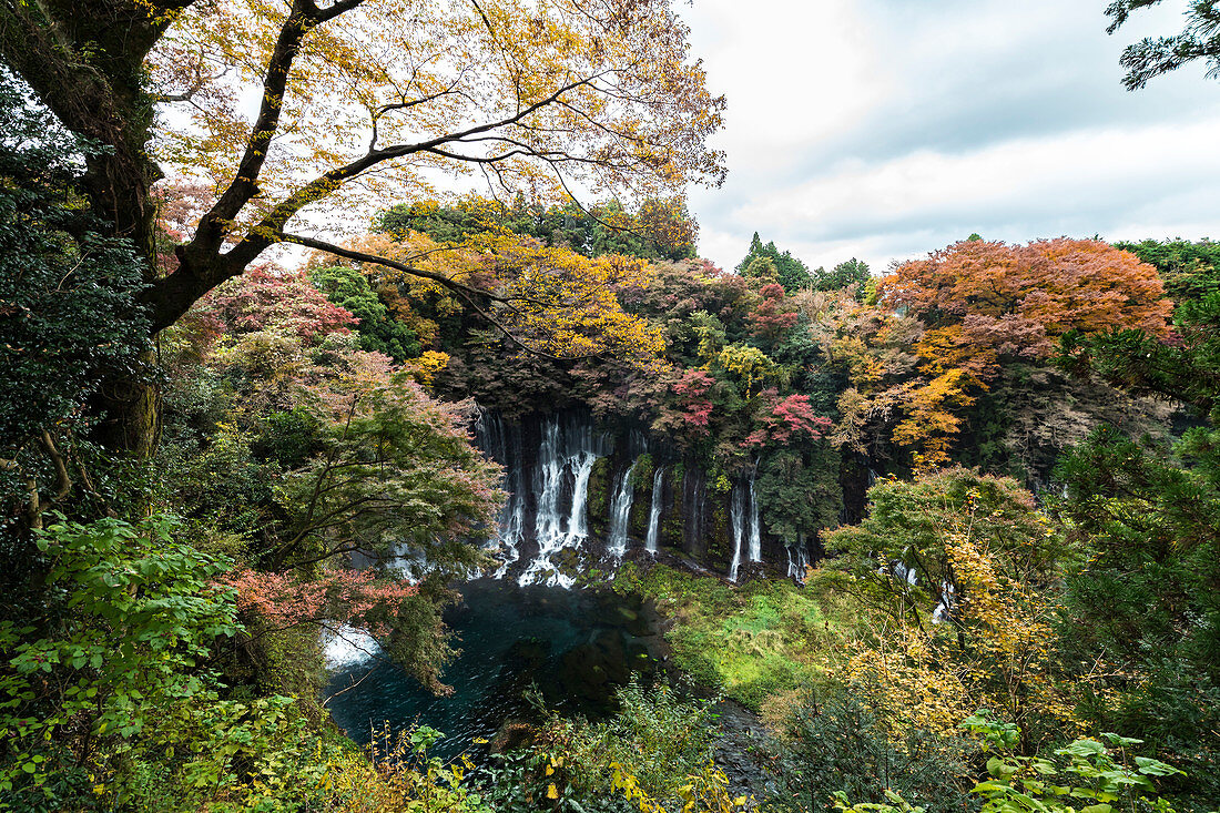 Shiraito waterfalls from viewpoint above in autumn, Fujinomiya, Shizuoka Prefecture, Japan