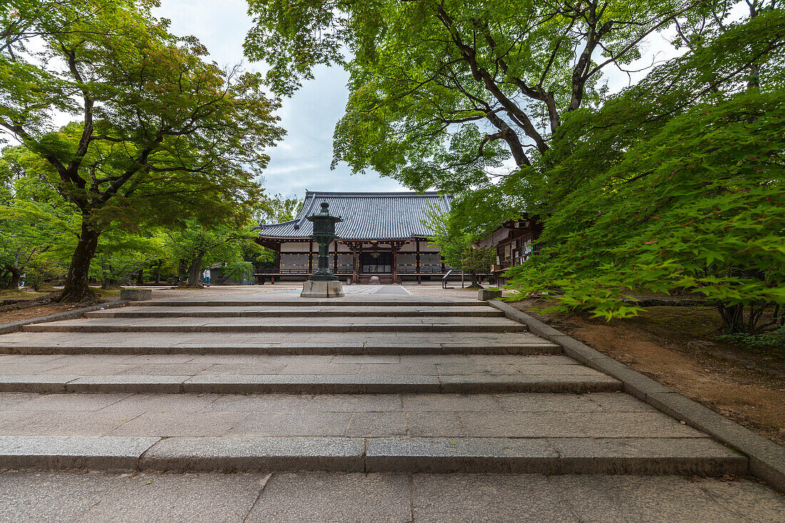 Stone stairs and bronze lantern at temple Ninna-ji, Kyoto, Japan