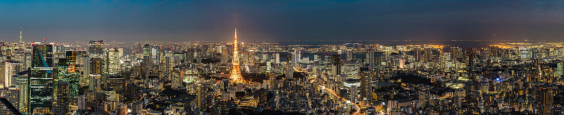 Tokio Skyline gesehen von Roppongi Hills mit Skytree, Tokyo Tower und Bucht während der blauen Stunde, Minato-ku, Tokio, Japan