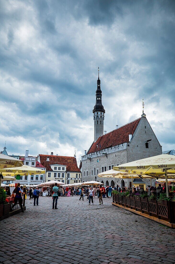 Tallinn, Estonia, Europe. Town Hall Square with a little market.