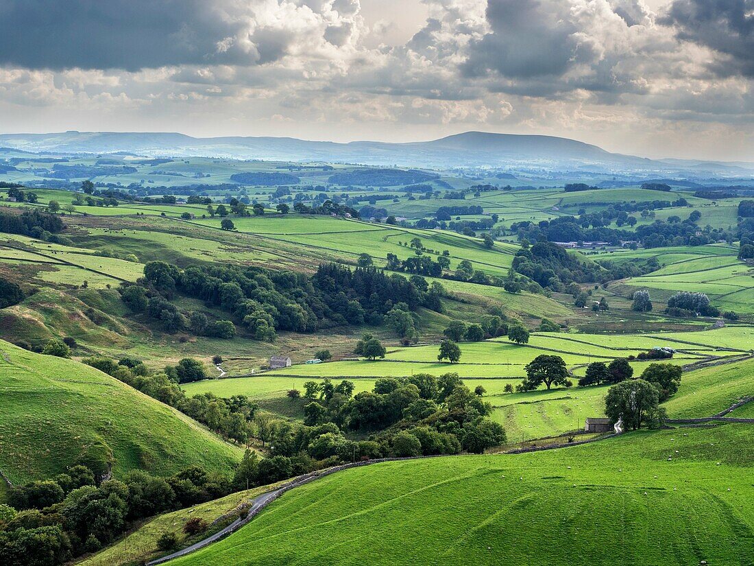 Malhamdale with pendel Hill in the Distance Malham Yorkshire Dales England.