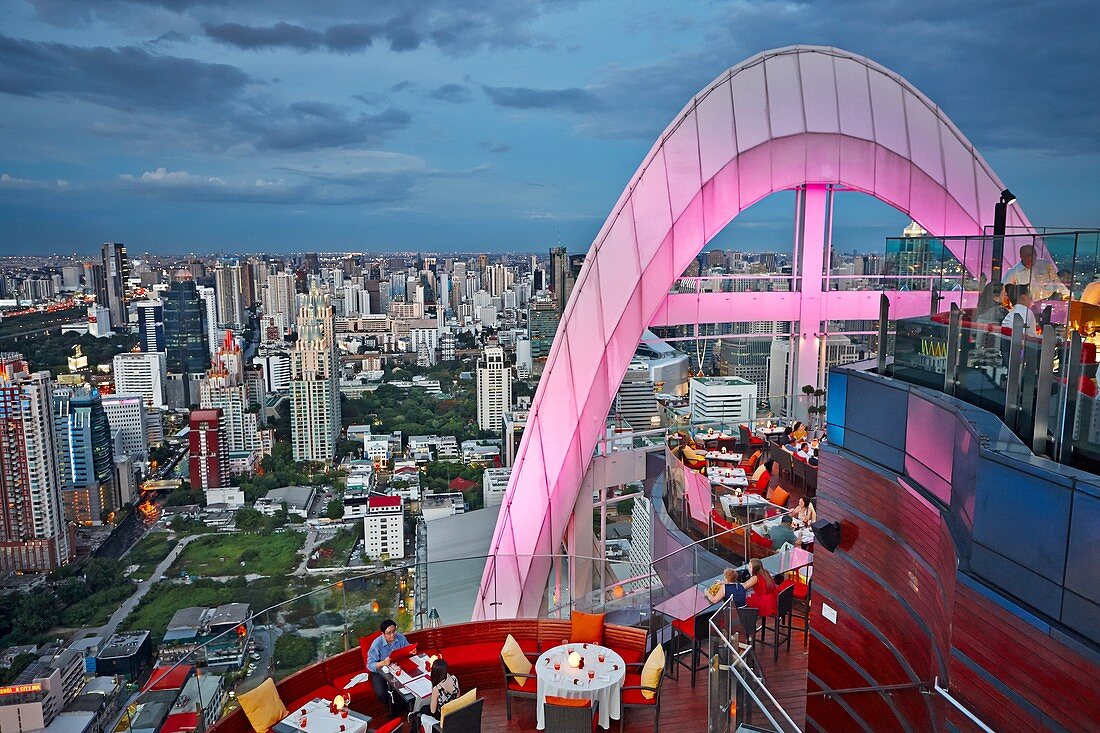 Elevated view from Red Sky Rooftop Bar. Centara Grand Hotel at CentralWorld Complex, Bangkok, Thailand.