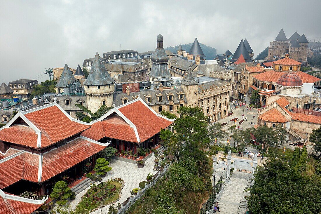 Elevated view of French Village. Ba Na Hills Mountain Resort, Da Nang, Vietnam.