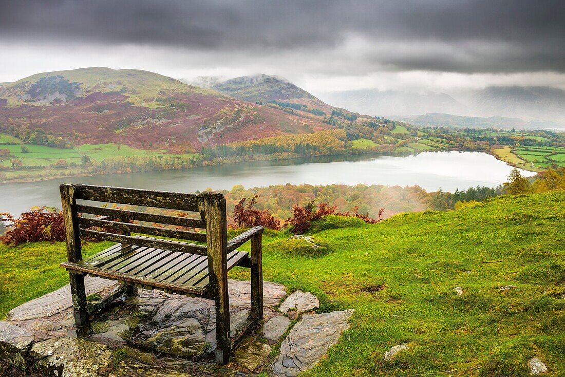 Bench overlooking Loweswater in the Lake District National Park, Cumbria, England.