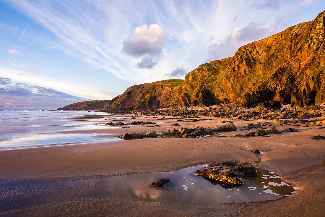 Sandymouth beach on the North Cornwall coast near Bude. England.
