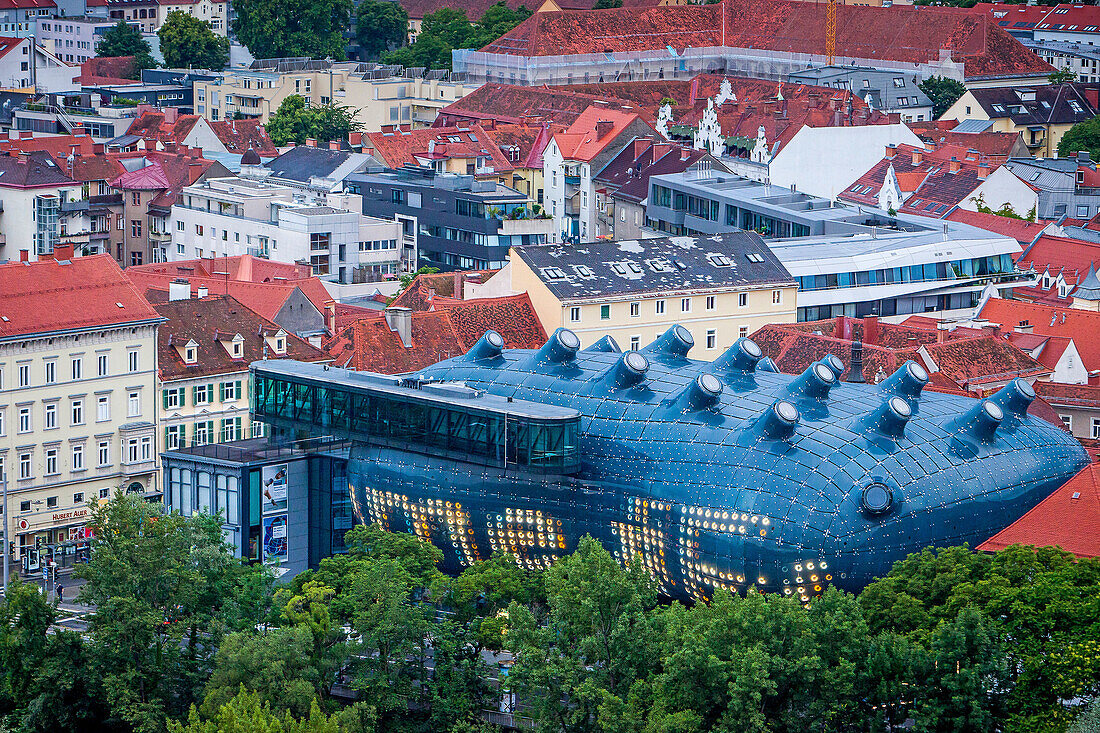 Roofs of the city and Kunsthaus, Graz Art Museum, view from Schlossberg, castle mountain, Graz, Austria.