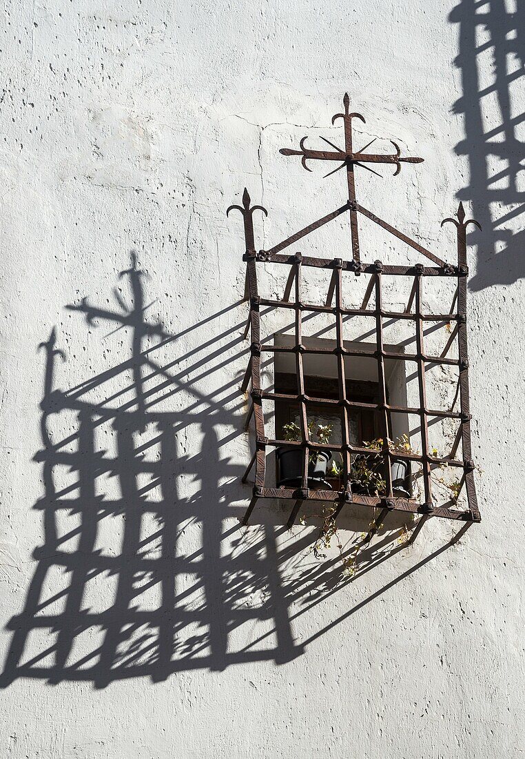 Ancient iron reja, window grill, in the old town of Cuenca in Castilla-La Mancha, Central Spain.