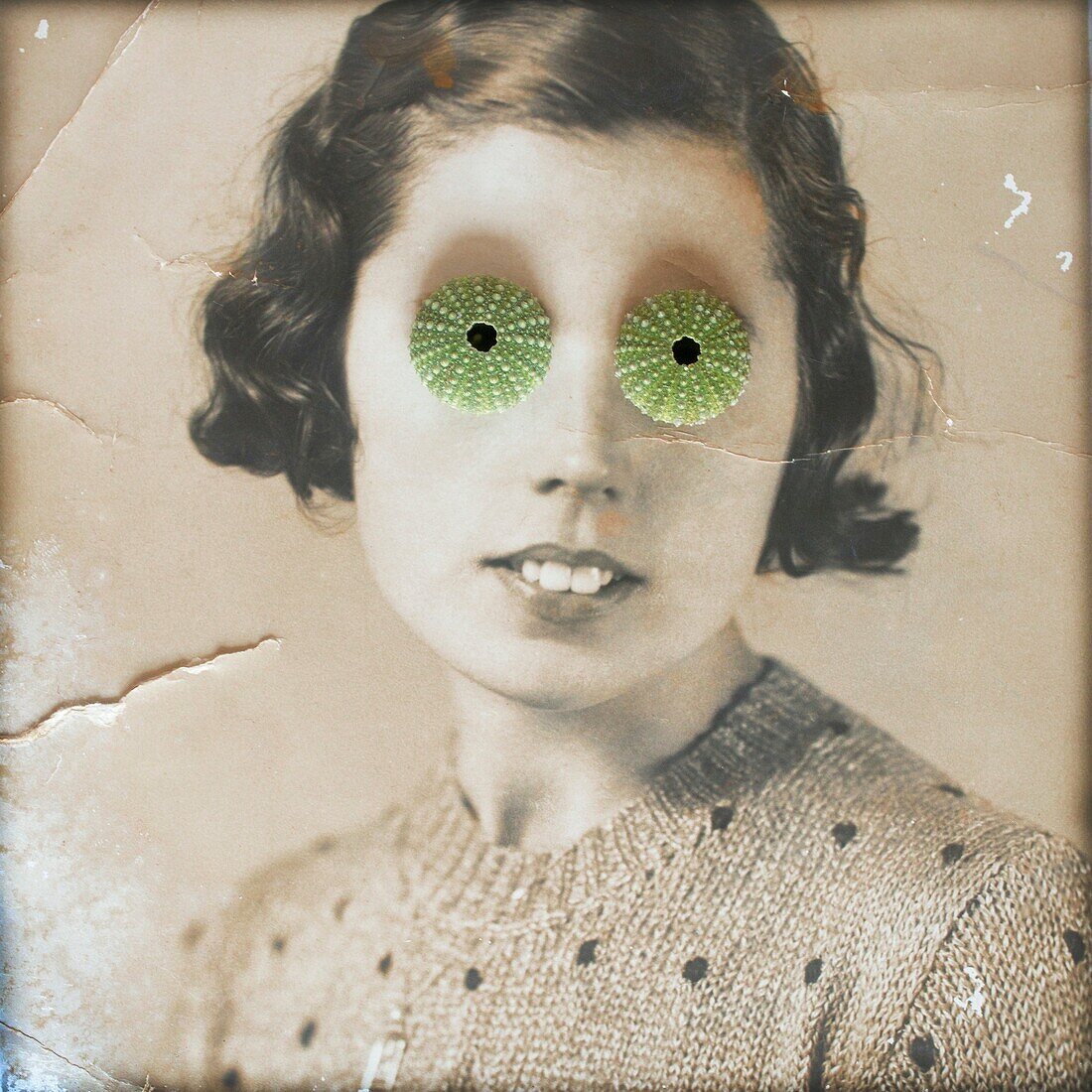 Antique portrait of young woman looking at the camera, with two sea urchins covering her eyes