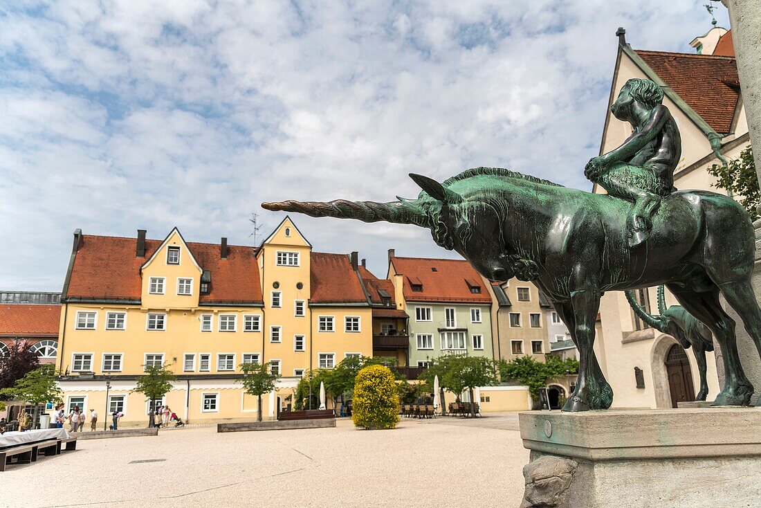 Unicorn of the St. -Mang fountain on St. Mang square, Kempten, Allgäu, Bavaria, Germany.