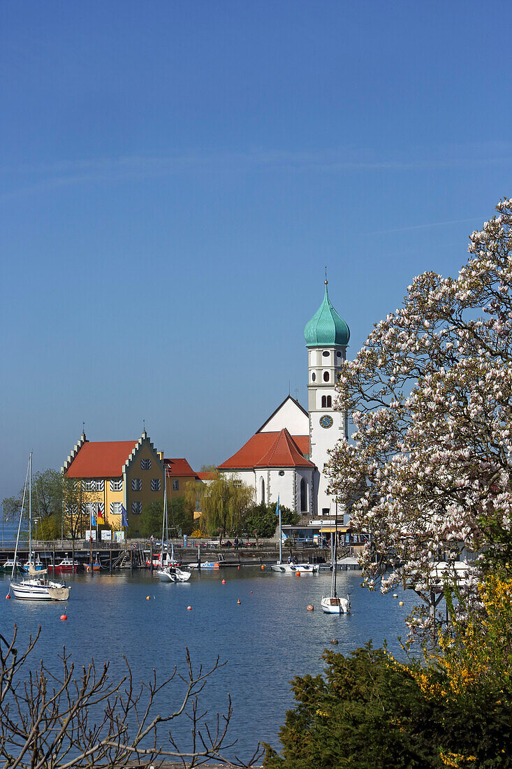 Blick auf die Wasserburger Halbinsel mit St.Georg Kirche und Schloss, Wasserburg, Baden-Württemberg