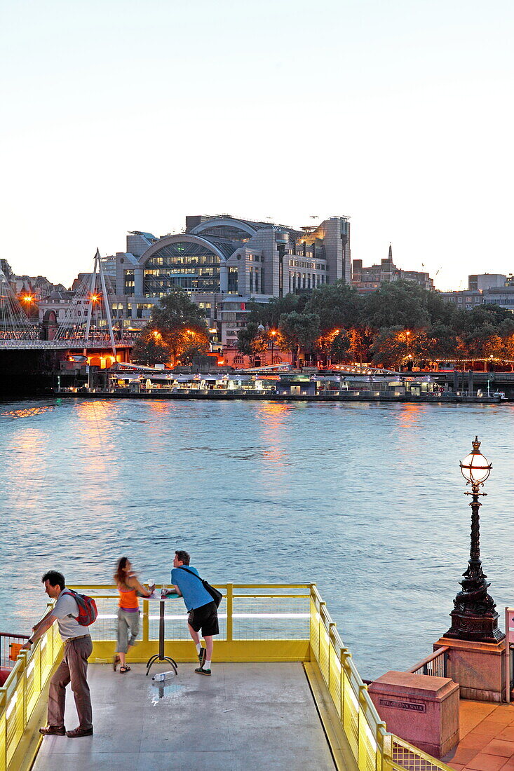 Pier at the Royal Festival hall above river Thames, View at Charing Cross station, London, Great Britain