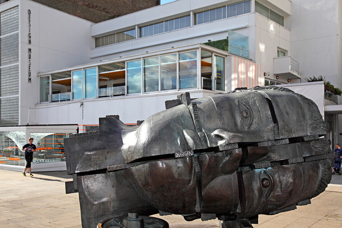 Head of Innovation sculpture by Eduardo Paolozzi in front of the Design Museum London, Great Britain