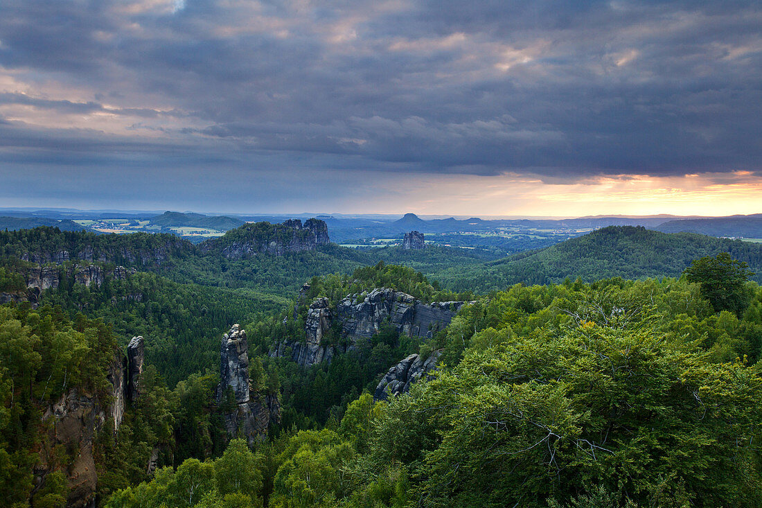 Sonnenuntergang, Wald, Carolafelsen, Nationalpark, Sächsische Schweiz, Sachsen, Deutschland