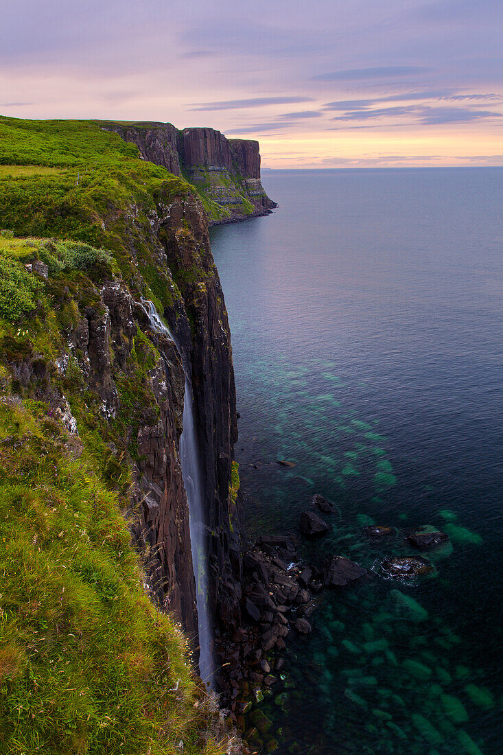 Sunset, Kilt Rock, Waterfall, Coast, Cliffs, Ilse of Skye, Highlands, Scotland