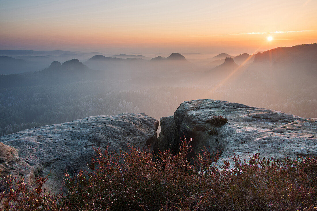 Sunrise, Kleiner Winterberg, Zschand, Fog, Saxon Switzerland, Uplands, Germany