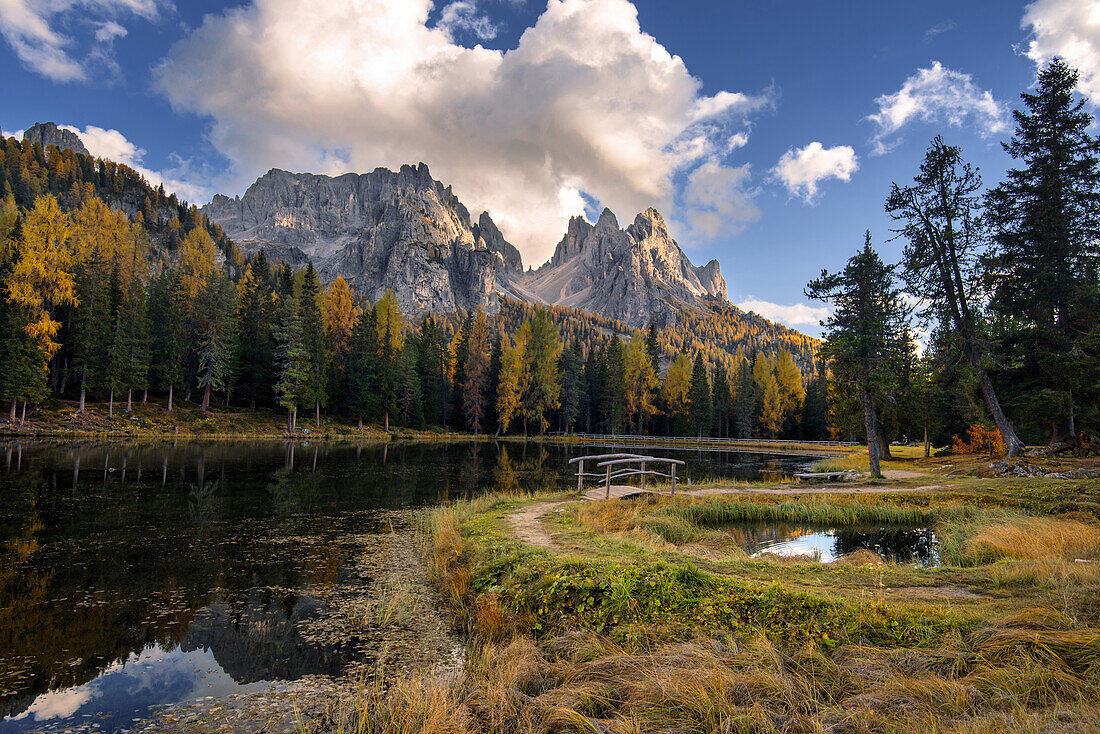Spiegelung, Herbst, Lago Antorno, Cadini Gruppe, Alpen, Dolomiten, Italien