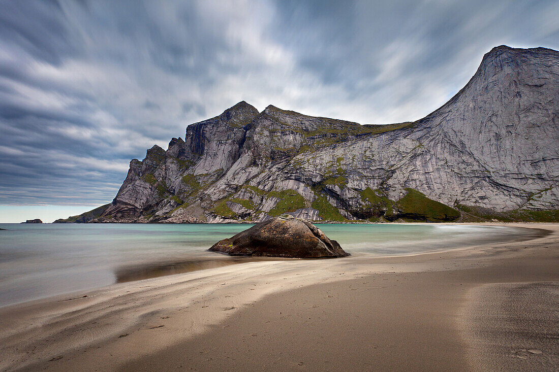 Beach, Sand, Mountains, Ocean, Bunes, Moskenesoya, Lofoten, North, Norway, Europe